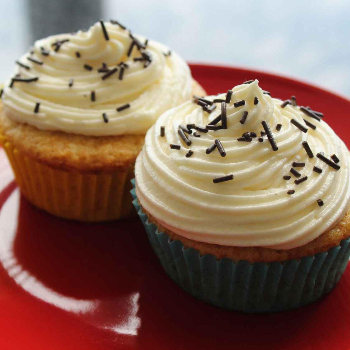 A photo of two cupcakes on a red plate, topped with white frosting and chocolate sprinkles.